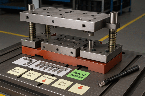 Metal stamping workshop with multiple power press machines and rolled steel ready for processing