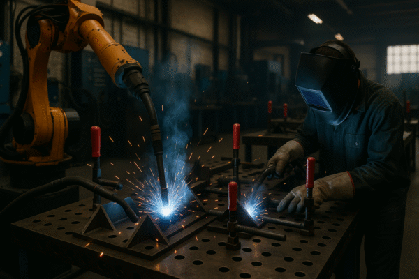 Robotic and manual welding cells fabricating custom metal assemblies with clamped fixtures