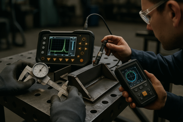Weld quality inspection with gauges and NDT equipment on custom metal assemblies