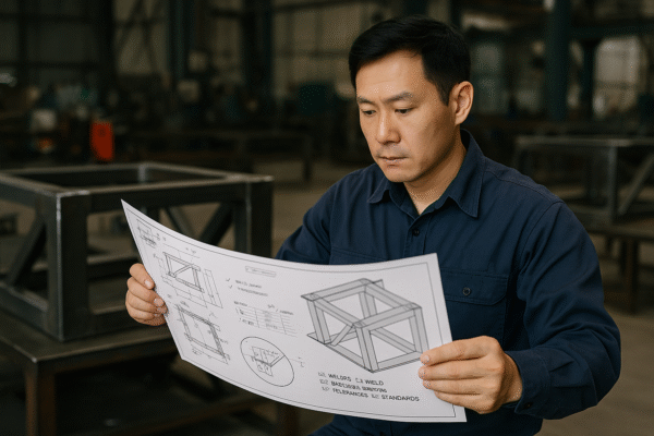 Engineers reviewing welded assembly drawings, loads, tolerances, and standards during kickoff