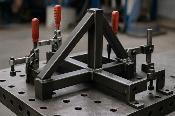 Parts clamped in fixture for accurate fit-up and tack welding before final pass