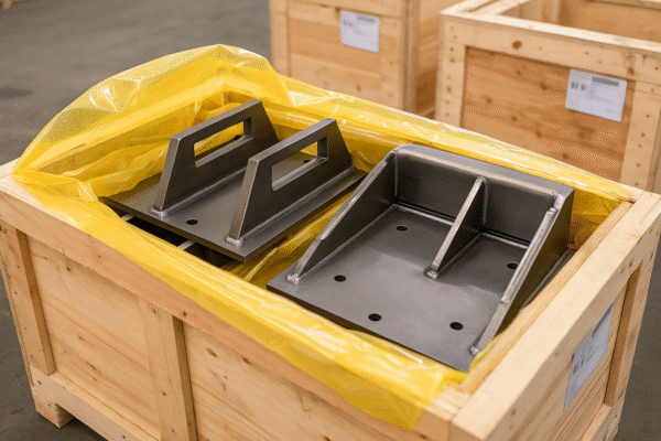 VCI-protected export packaging with labeled crates and global shipping preparation