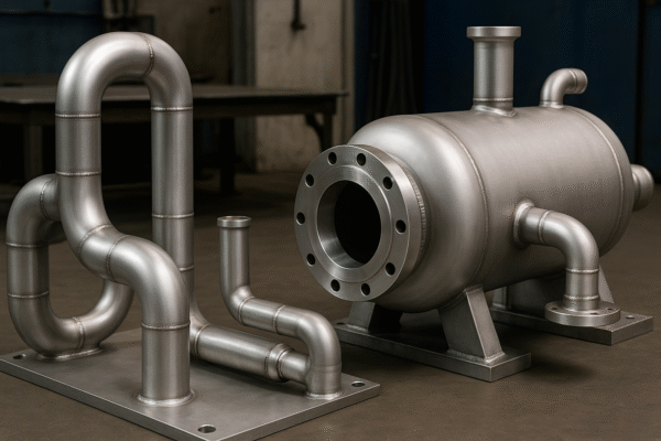 Corrosion-resistant welded piping assemblies and pressure vessels.
