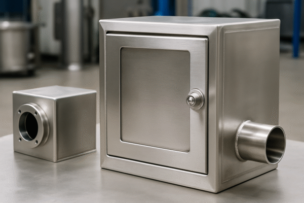 Hygienic stainless welded enclosures and protective housings.