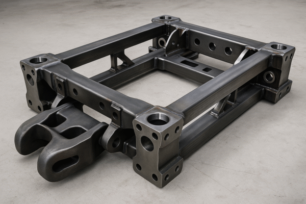 Heavy welded bogie frame and coupler components for rail systems.